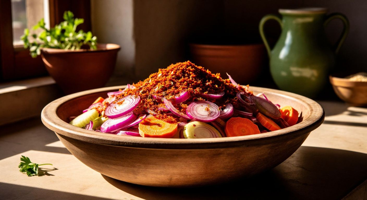 A rustic wooden bowl filled with vibrant dried vegetables like radish, carrot, celery, and onion, sprinkled with aromatic spices, resting on a sunlit kitchen counter in a traditional Turkish home.