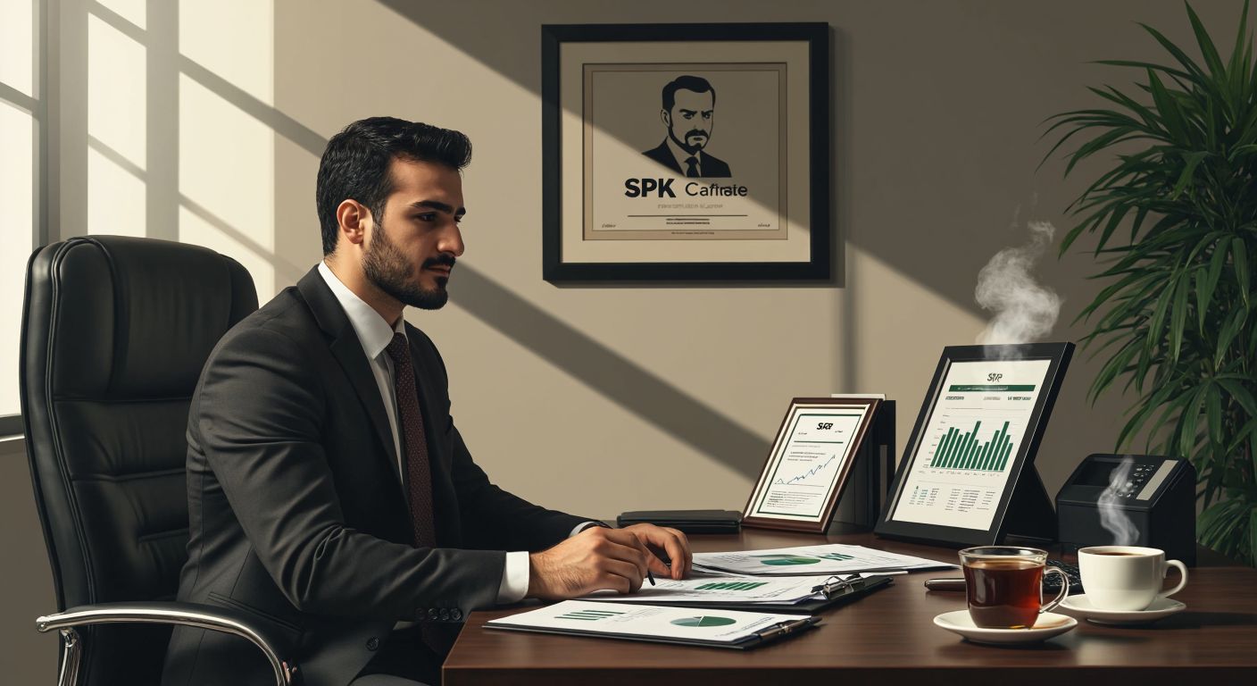 A confident Turkish businessman in a sleek office reviews financial charts on a desk, with a framed SPK certificate on the wall and a steaming cup of Turkish coffee beside him, while a faint shadow of a frowning customer lingers in the background.