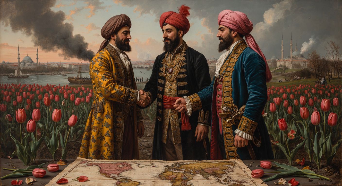 A solemn Ottoman diplomat in traditional kaftan and turban stands beside a European counterpart in 18th-century attire, shaking hands over a map with faded borders, surrounded by wilting tulips and distant cannon smoke.