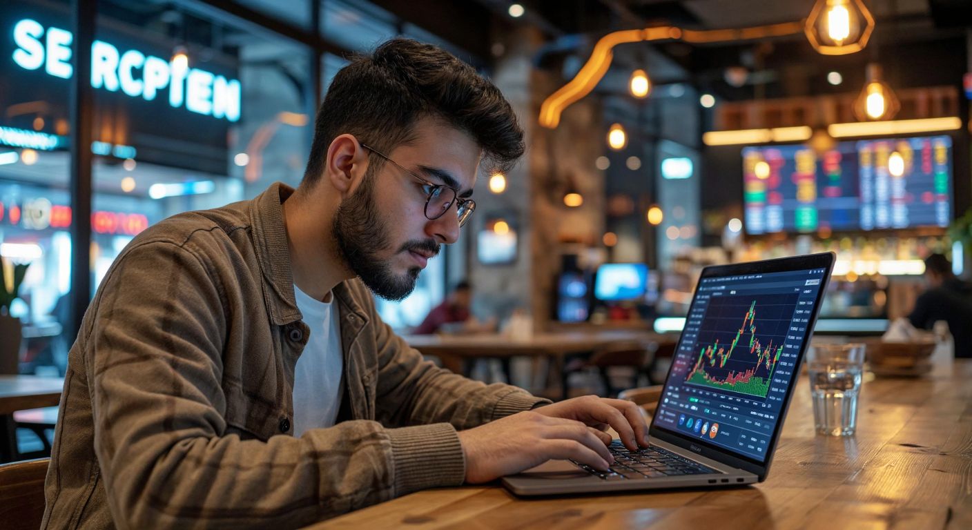A focused young Turkish trader in a modern Istanbul café, eyes fixed on a sleek laptop displaying colorful cryptocurrency charts, while a small robotic arm icon hovers above the keyboard, symbolizing algorithmic trading.