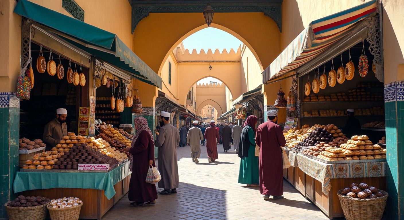 A vibrant marketplace scene with two distinct stalls—one showcasing Algerian pastries and chocolates under a sunlit North African archway, and another displaying Moroccan biscuits under a colorful striped awning, with vendors in traditional attire warmly engaging with customers.