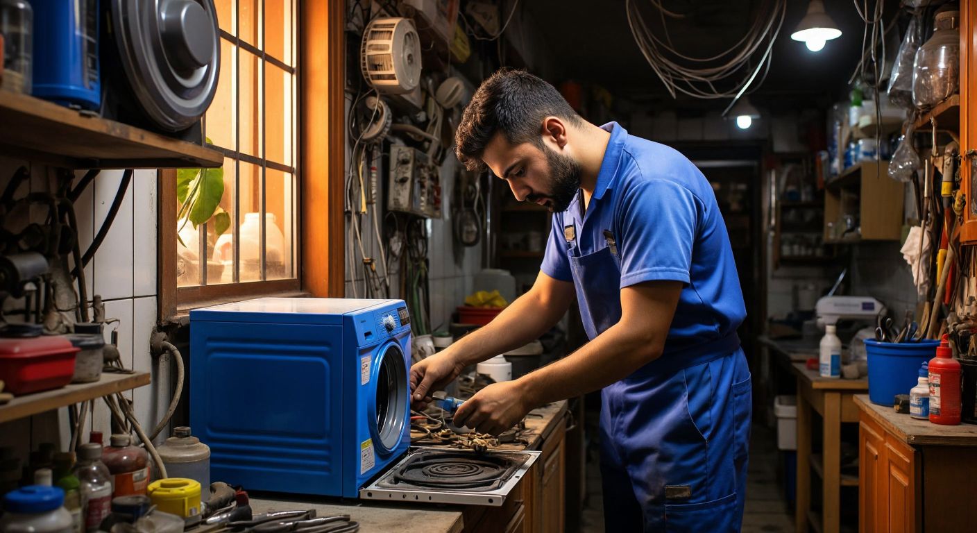 A Turkish repairman in a blue uniform carefully fixes a broken appliance in a small workshop while a customer waits patiently nearby, holding a receipt.
