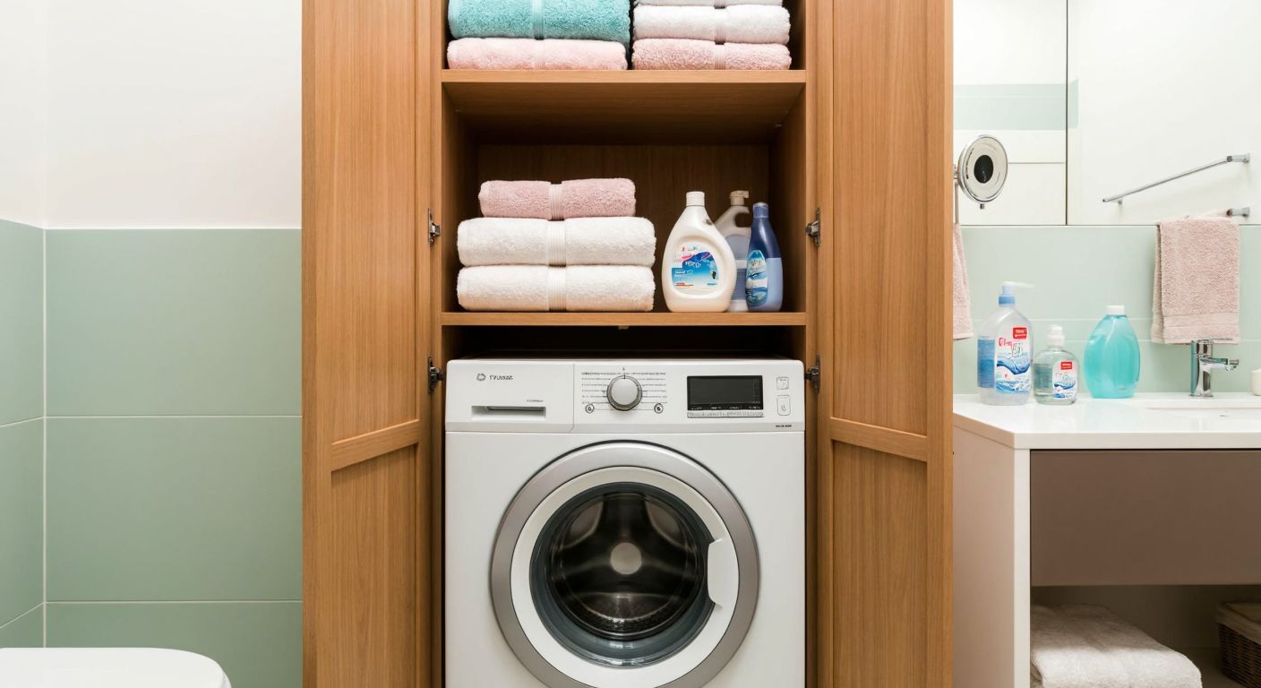 A sleek, modern Turkish bathroom with a neatly organized wooden cabinet concealing a washing machine, surrounded by stacked towels, detergent bottles, and a soft pastel color scheme evoking efficiency and tidiness.