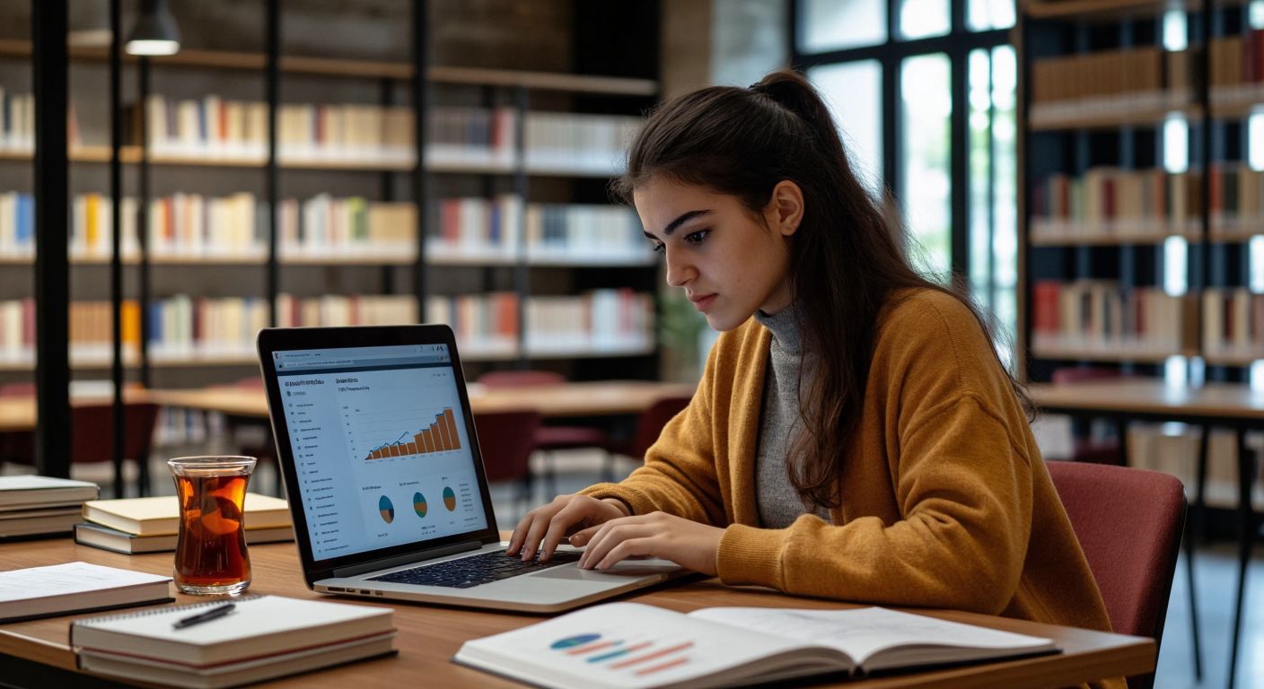 A focused Turkish university student in a modern library, wearing a casual outfit, intently viewing a laptop screen displaying a simple academic dashboard with colorful charts, surrounded by scattered notebooks and a steaming cup of Turkish tea.
