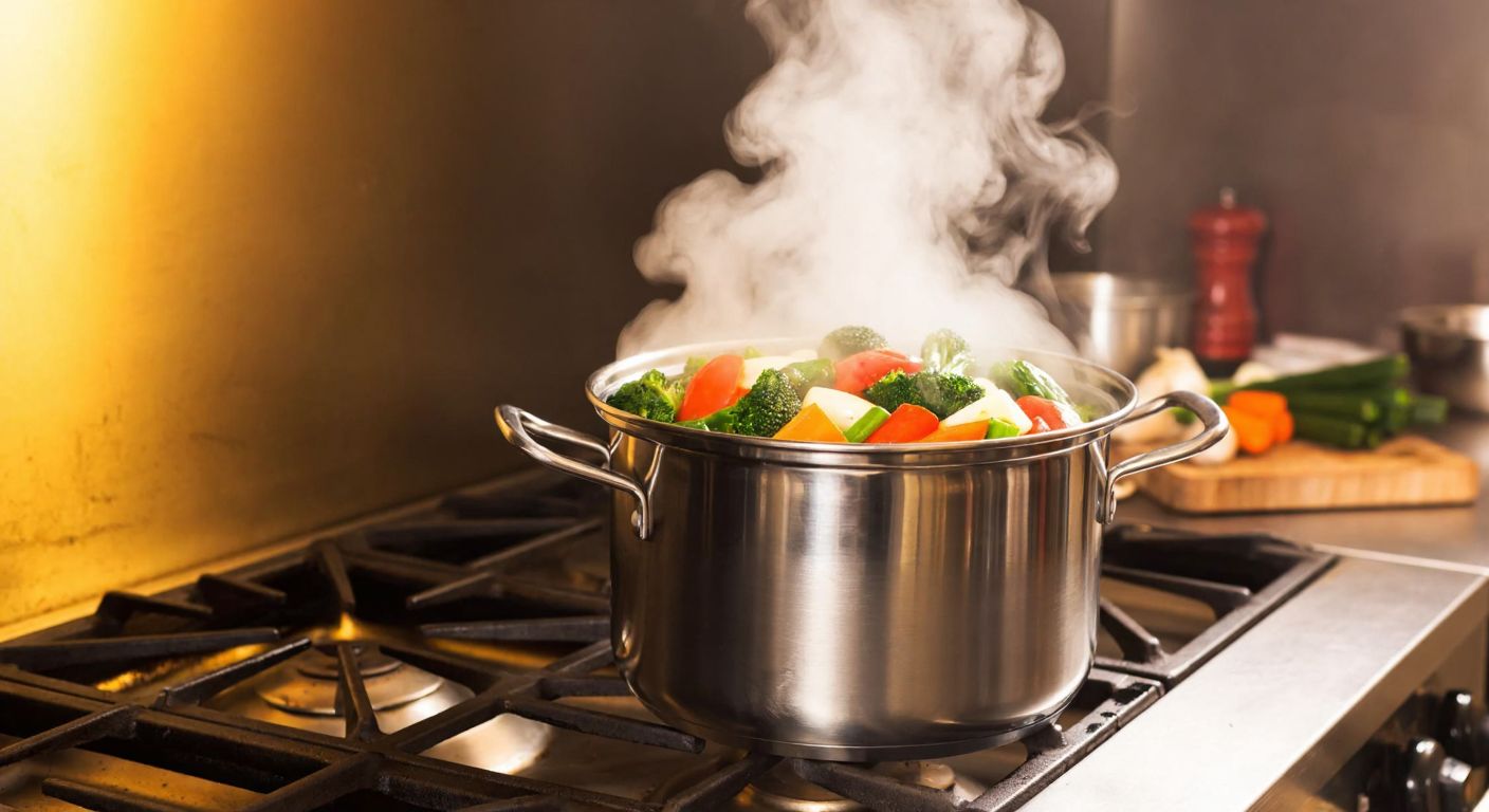 A stainless steel steamer filled with fresh vegetables sits atop a pot of boiling water on a stovetop, with steam rising gently into a warmly lit Turkish kitchen.