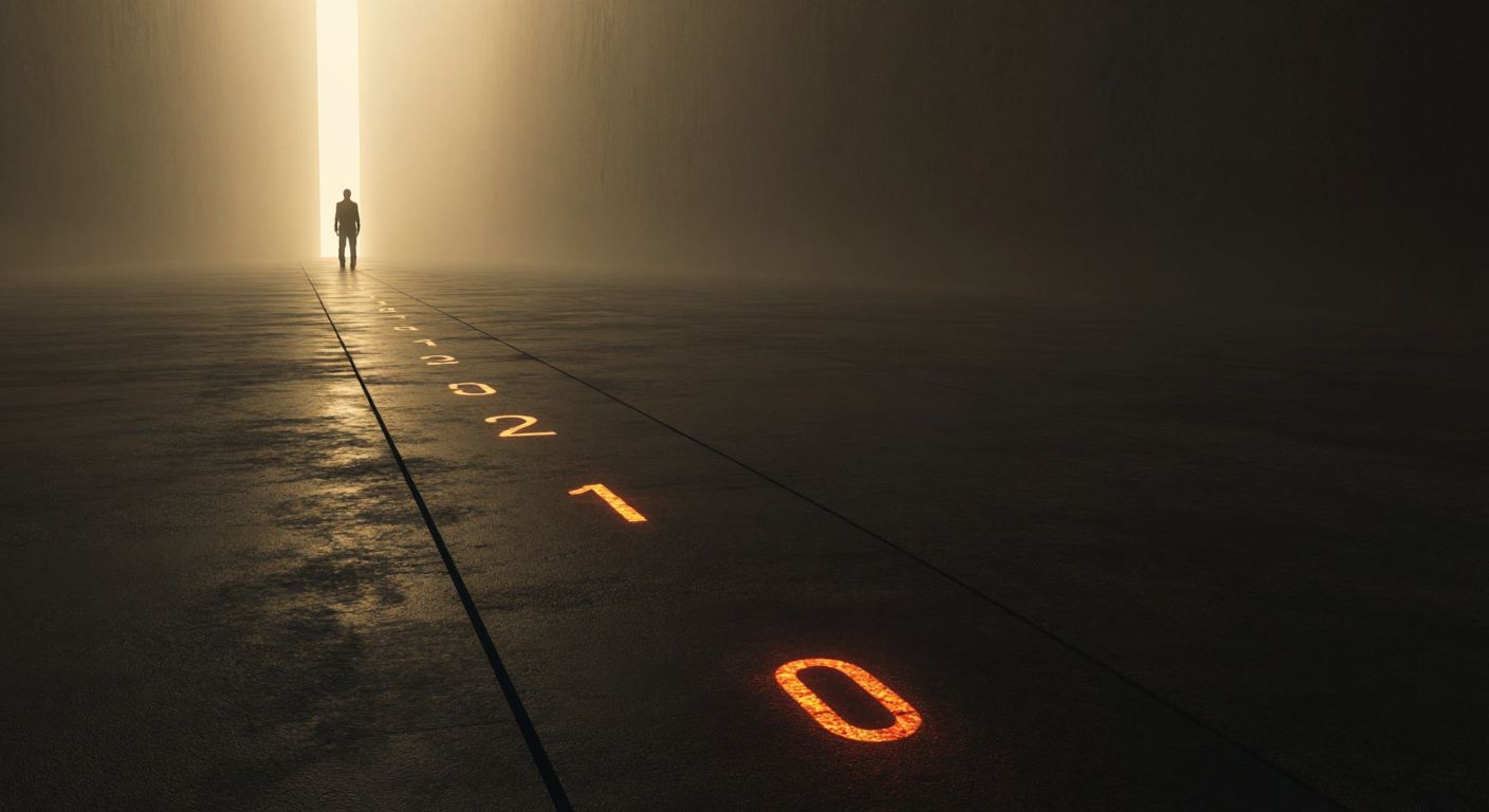 A lone, shadowy figure stands at the far left end of a dimly lit number line stretching into darkness, with a faint glow highlighting the numeral "−1" closest to a distant, warm light representing zero.  

(Note: The description avoids explicit text by implying the numeral through visual context, focusing on the abstract concept of negative numbers.)