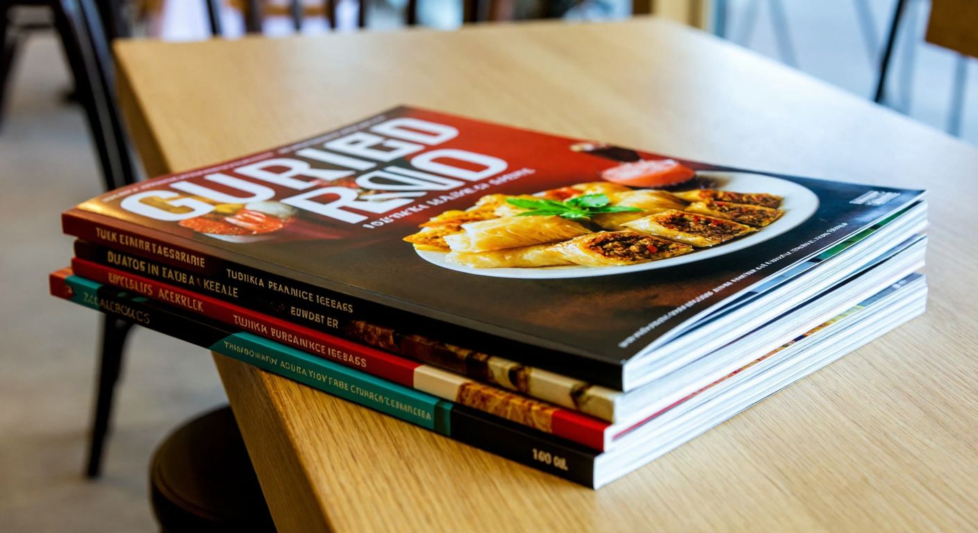 A neatly stacked pile of glossy food magazines with vibrant covers featuring Turkish dishes like baklava and kebabs, placed on a wooden table in a cozy café.
