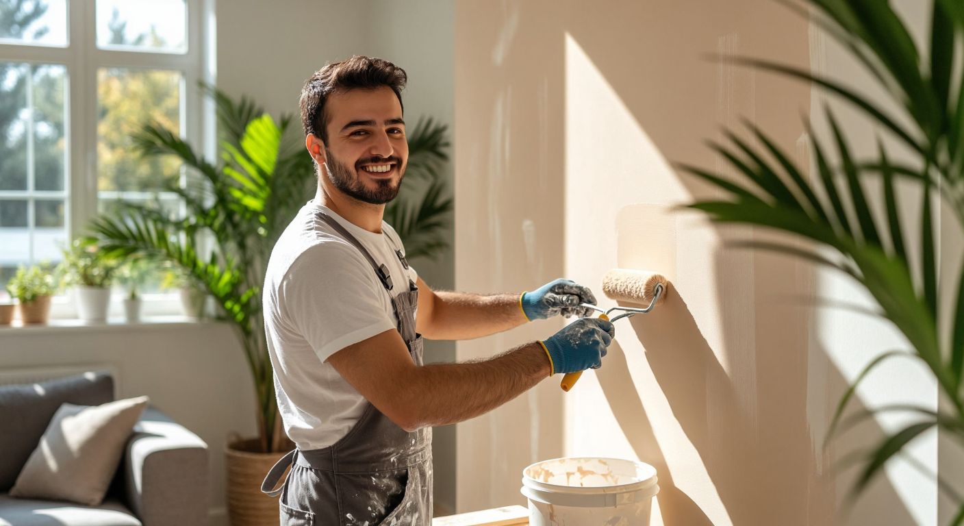 A Turkish painter in a white t-shirt and overalls smiles while smoothly applying silky, light-beige silicone-based interior paint onto a freshly prepped wall in a sunlit living room, with a clean roller and bucket nearby.