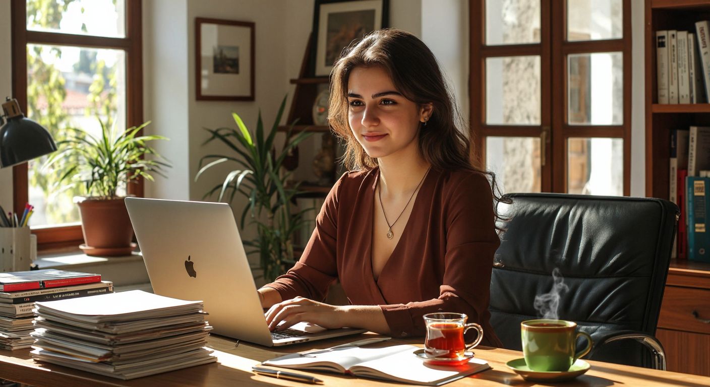 A young professional in a tidy office setting in Turkey, confidently typing on a laptop with a hopeful expression, surrounded by neatly stacked CVs and a steaming cup of Turkish tea.