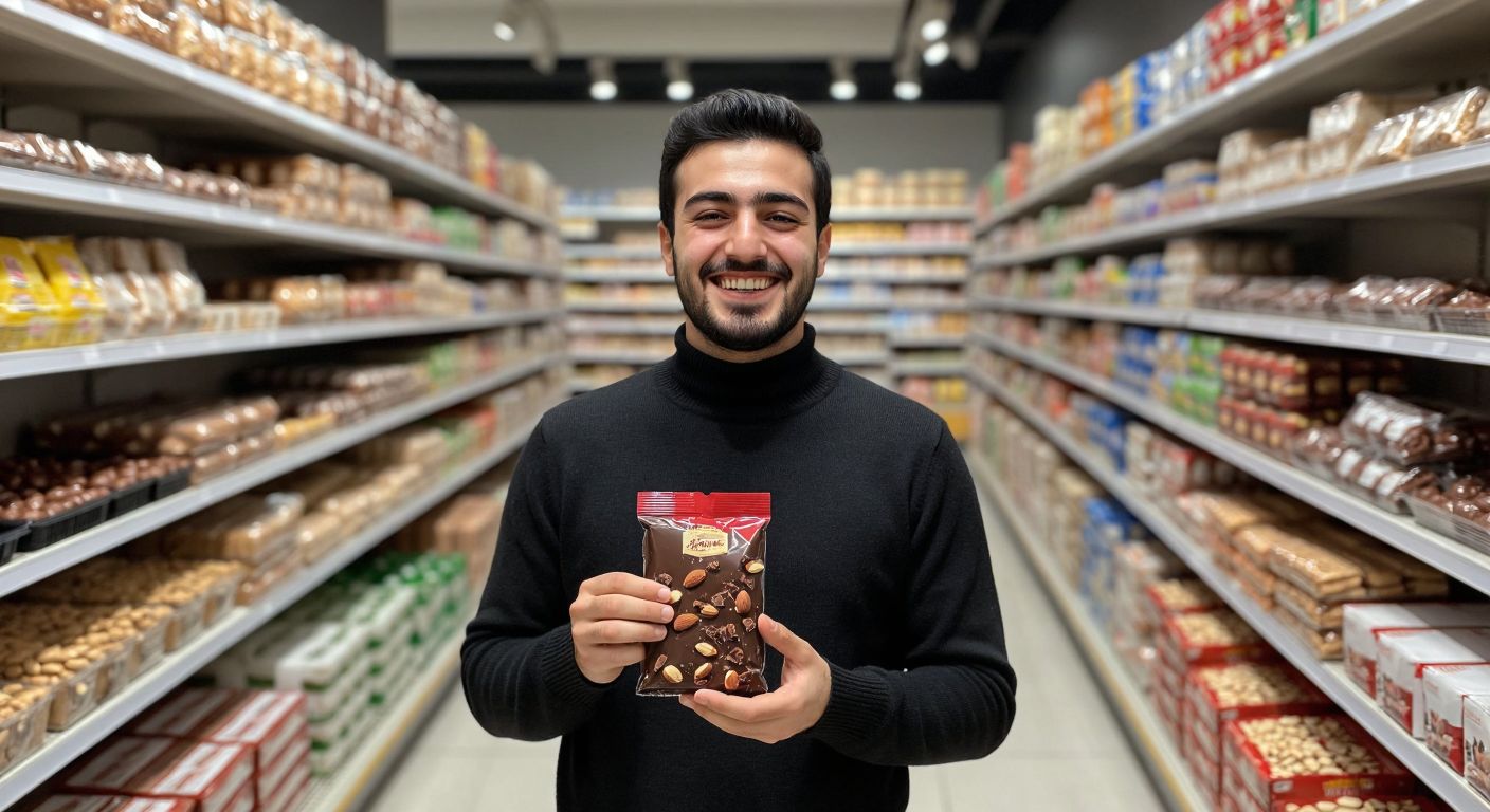 A cheerful Turkish shopper in a BİM supermarket aisle, holding a bag of almond-studded chocolate with a satisfied smile, surrounded by neatly stacked shelves of packaged goods.