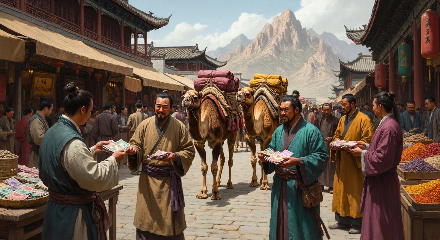 A bustling ancient Chinese marketplace with merchants exchanging colorful paper money, while a caravan of camels loaded with silk and spices moves along the Silk Road in the background.