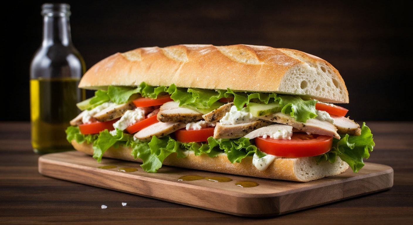 A freshly cut Turkish sandwich on a wooden board, overflowing with layers of roasted chicken, crisp lettuce, juicy tomatoes, and creamy white cheese, drizzled with golden olive oil.