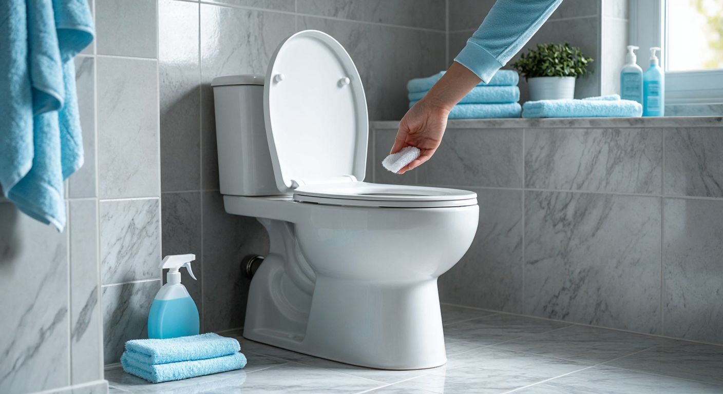 A modern white toilet with a slow-closing lid in a clean, tiled Turkish bathroom, gently lowering as a hand releases it, surrounded by soft blue cleaning supplies on a marble countertop.