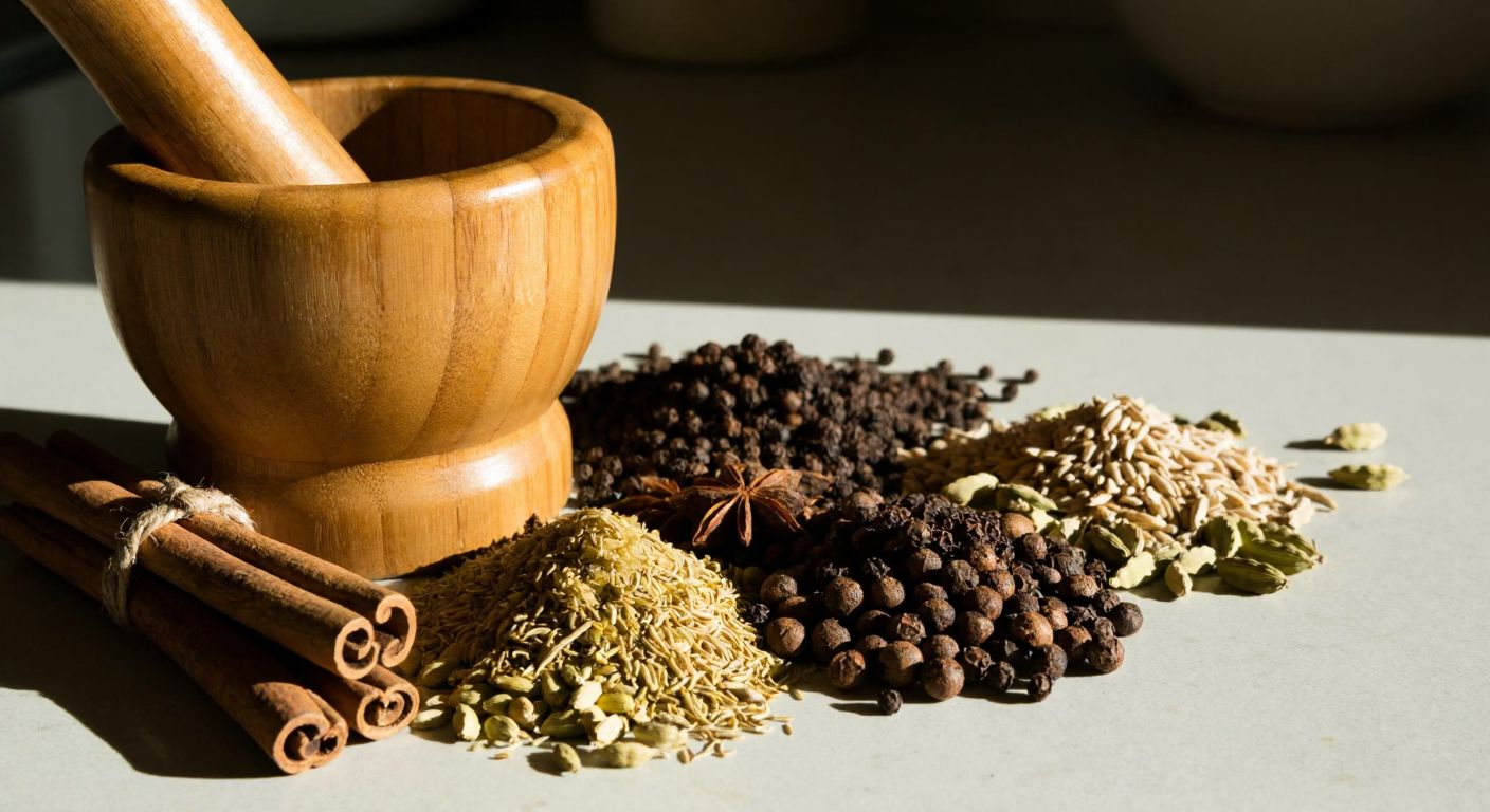 A rustic wooden mortar and pestle surrounded by small piles of aromatic spices—cinnamon sticks, cardamom pods, cloves, cumin seeds, coriander, black peppercorns, and nutmeg—on a sunlit Turkish kitchen counter.