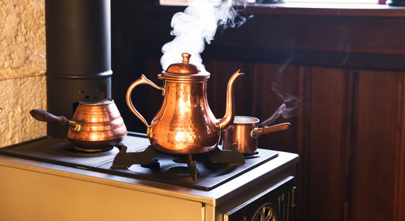 A cozy Turkish home with a traditional kuzine stove, topped by a gleaming copper çaydanlık steaming gently, surrounded by warm light and the inviting aroma of freshly brewed tea.