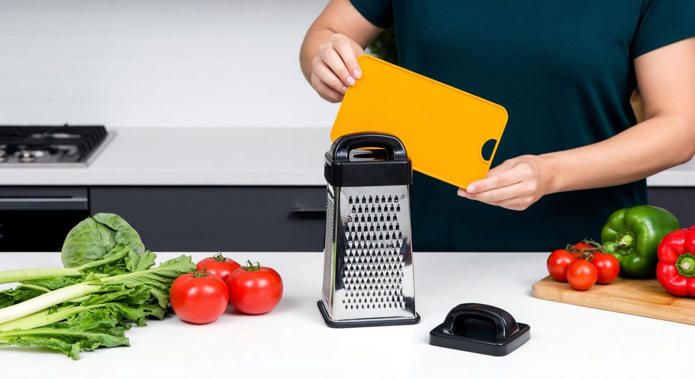 A Turkish kitchen counter displays an Arow 4-blade grater set with fresh vegetables nearby, while a frustrated person holds a broken plastic cutting board from the same brand.