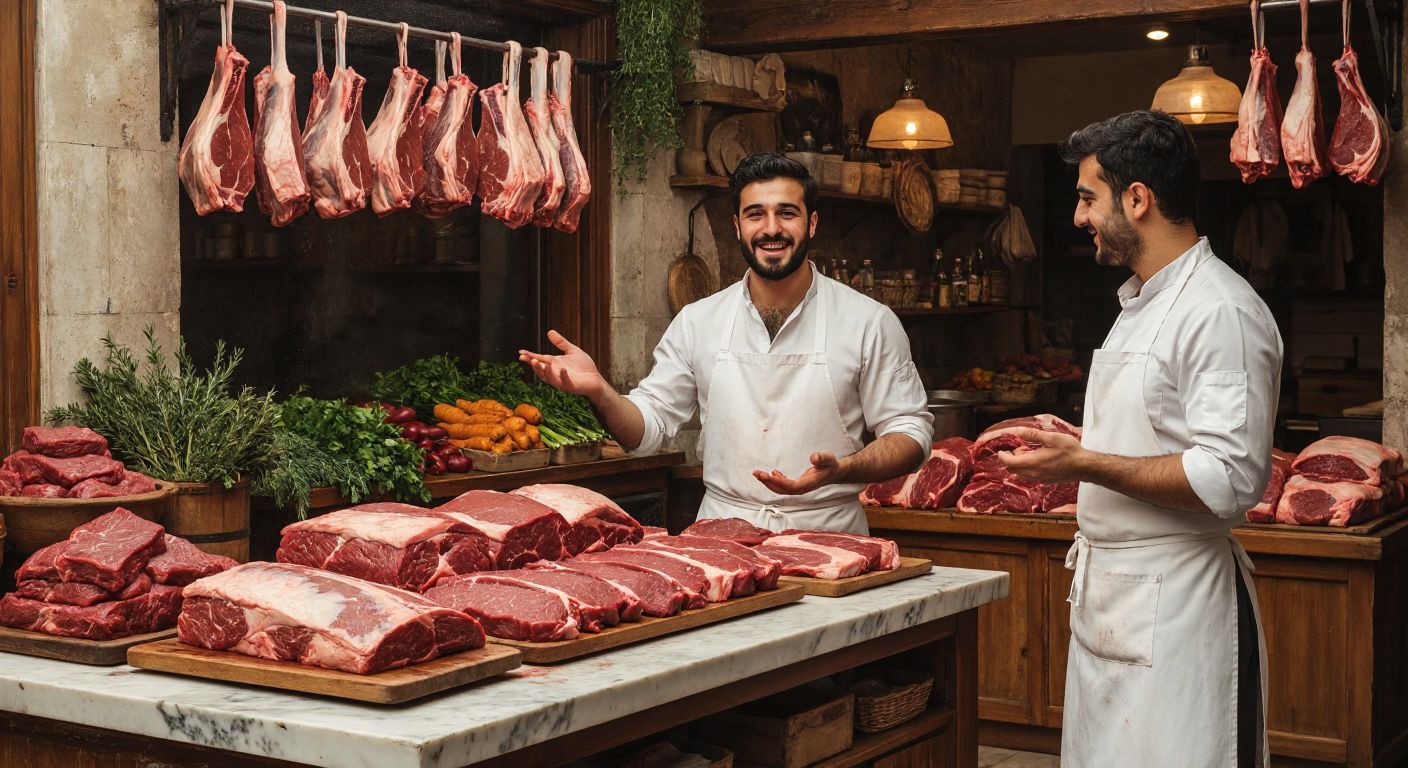 A rustic Turkish butcher shop with fresh cuts of Akbaş beef displayed on a marble counter, a smiling butcher in a white apron gesturing toward the meat, and a customer sniffing the aroma with curiosity.
