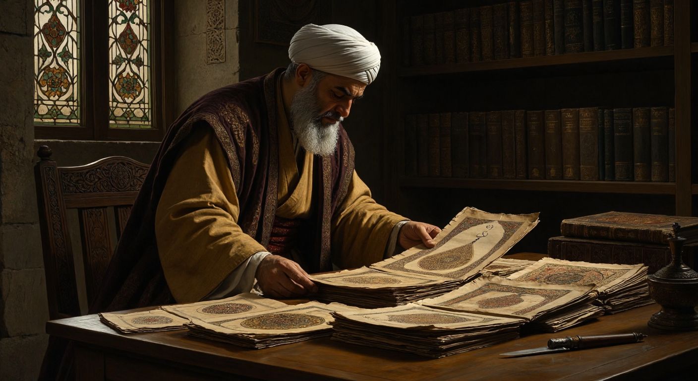 A weathered Ottoman scribe in traditional robes carefully examines several aged, intricately designed paper kaimeler spread across a wooden desk in a dimly lit treasury room.