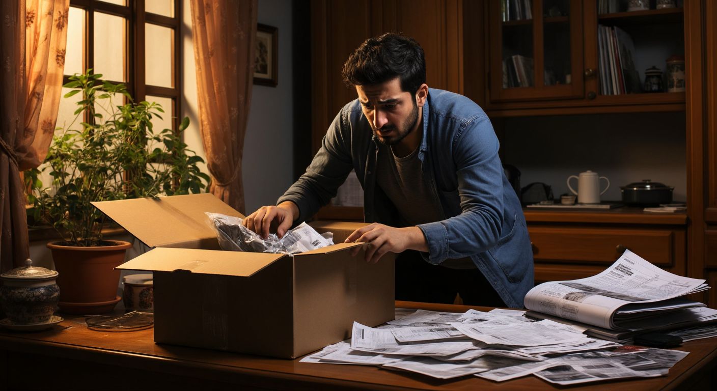 A person in a Turkish home carefully packing an unused electronic device back into its original box, with a printed invoice nearby and a determined yet slightly frustrated expression.