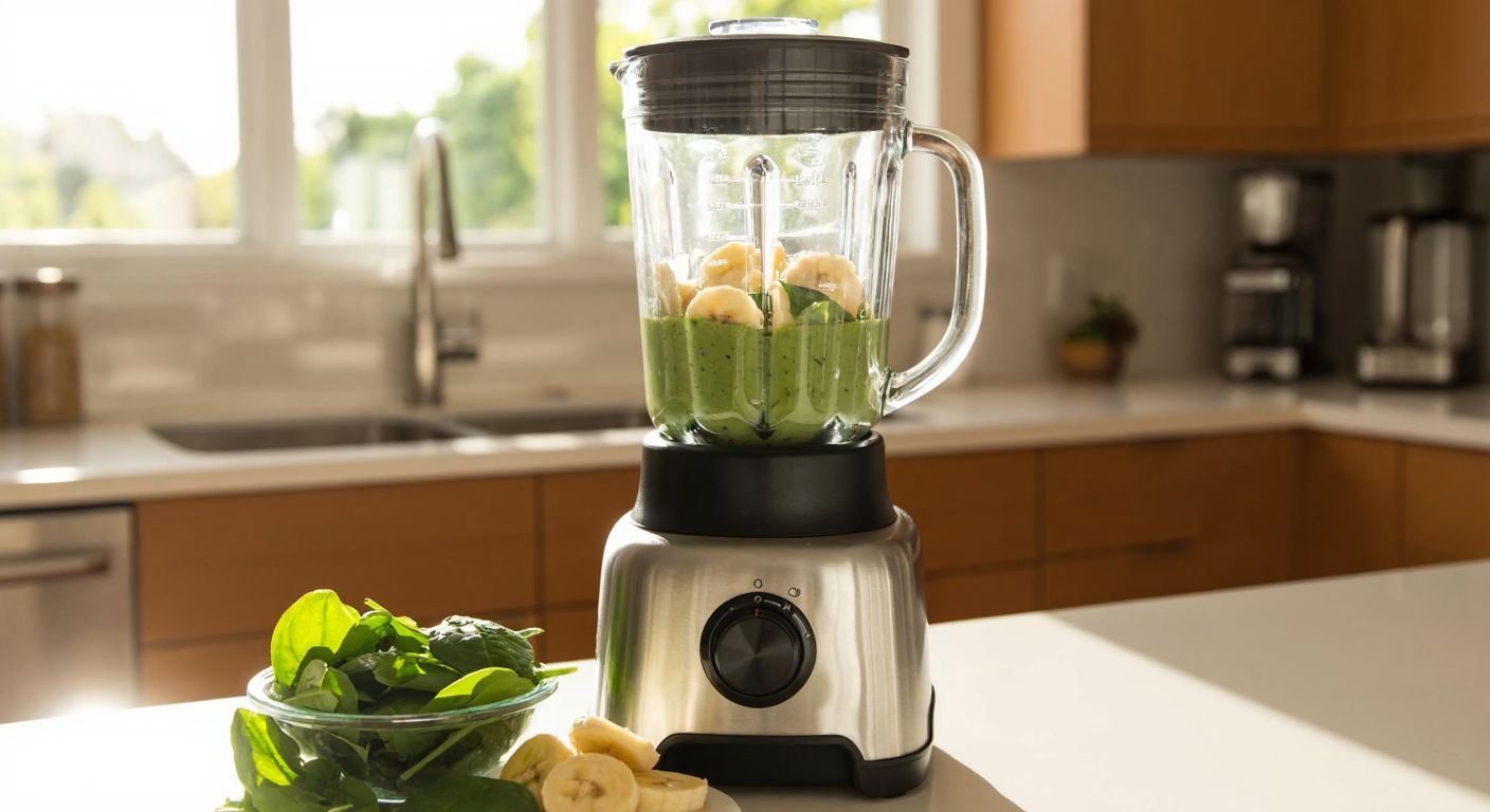 A sleek stainless steel blender with a large glass jar sits on a sunlit kitchen counter, filled with vibrant green smoothie ingredients like fresh spinach, banana slices, and ice cubes, while its powerful motor hums quietly.