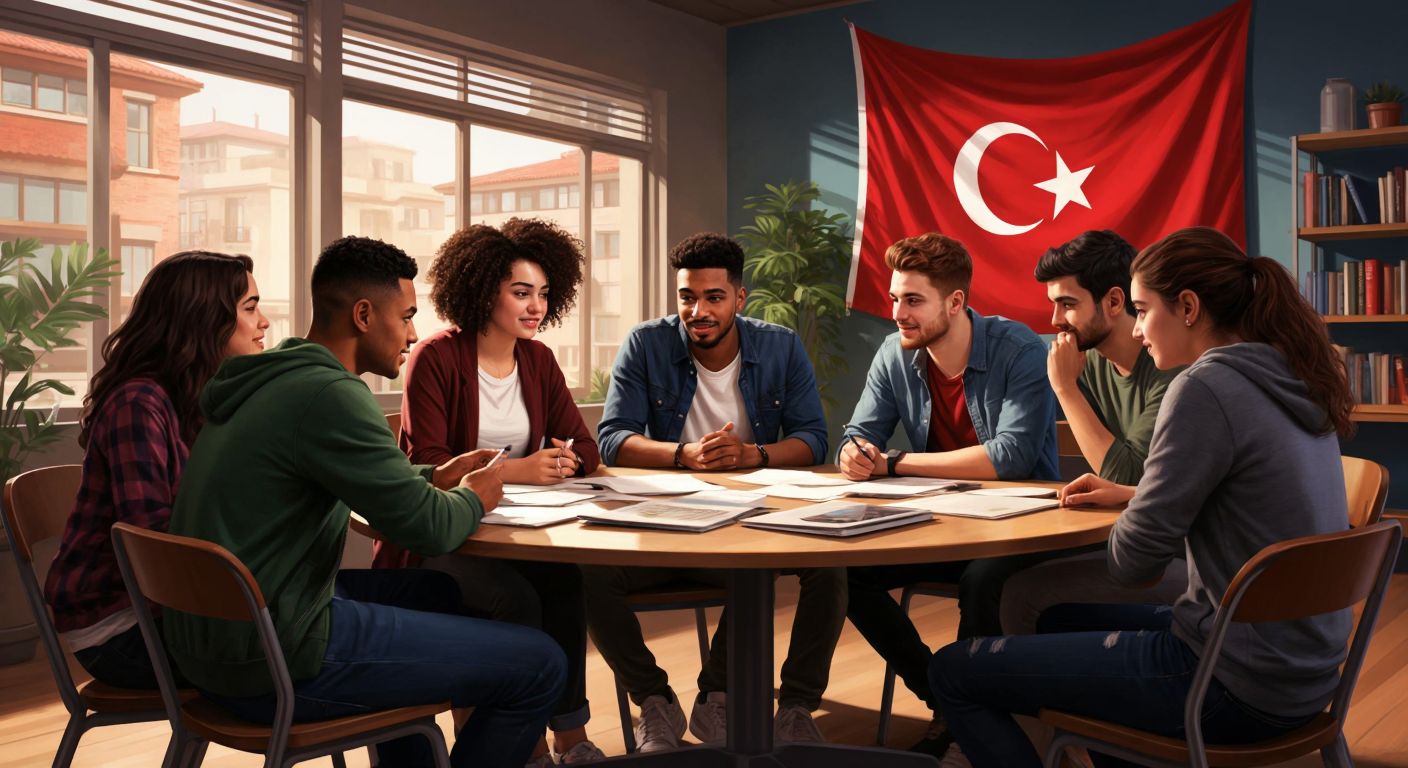 A diverse group of young people in casual attire sitting around a table in a bright community center, passionately discussing ideas, with a Turkish flag subtly visible in the background.