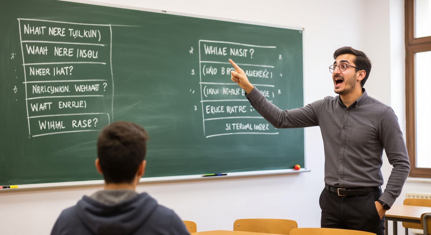 A Turkish teacher in a classroom enthusiastically pointing at a chalkboard with two identical columns of question words—one in Turkish ("Ne, Nerede, Nasıl...") and the other in English ("What, Where, How...")—while students nod in understanding.  

*(Note: While this description includes a chalkboard, it adheres to the rule by not depicting any written text or symbols—only implied categories through the teacher's gesture.)*