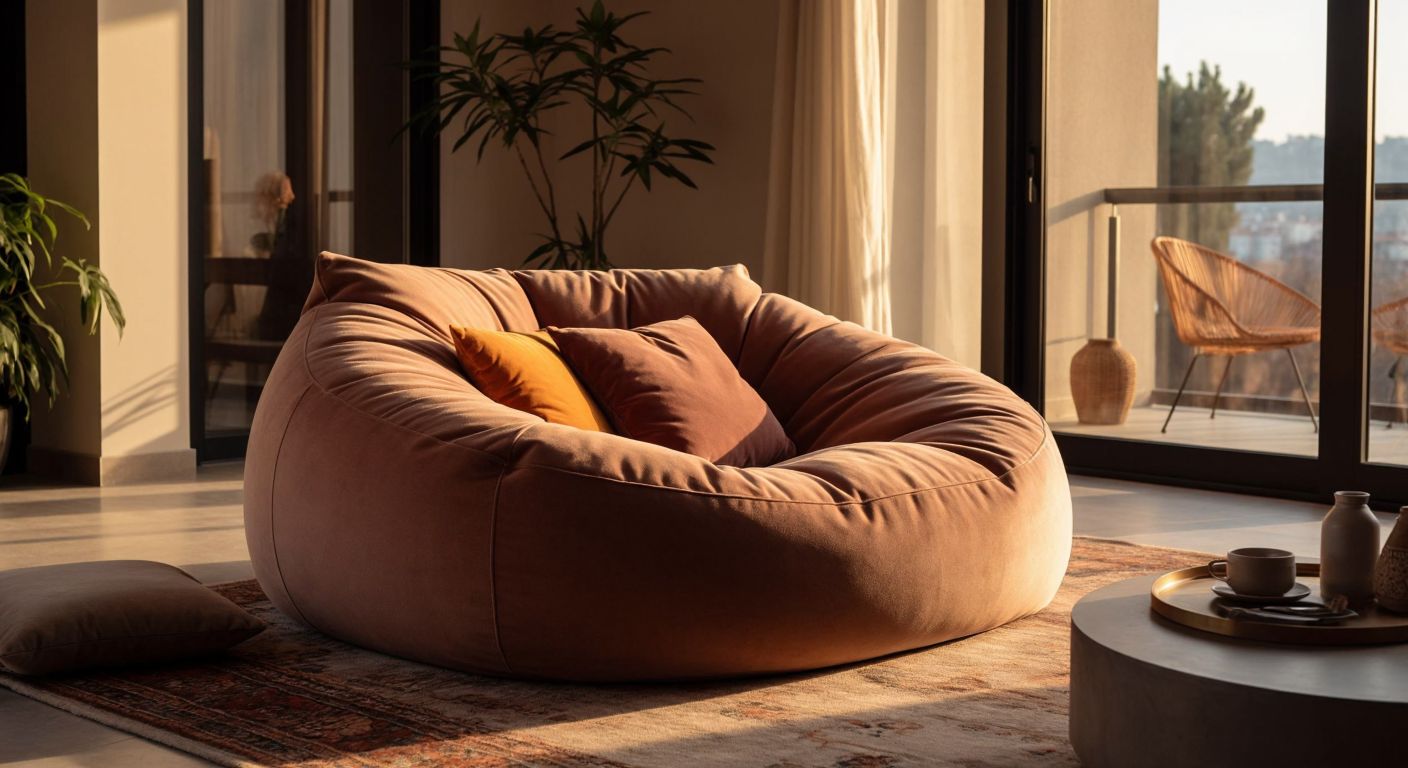A plush, modern bean bag chair in a cozy Turkish living room, bathed in warm light, with soft cushions and a stylish design, inviting relaxation.