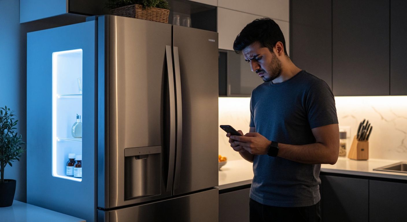 A frustrated Turkish homeowner in a modern kitchen stands beside a Siemens refrigerator with a blinking "Freeze" light, holding a phone while looking concerned at the appliance.