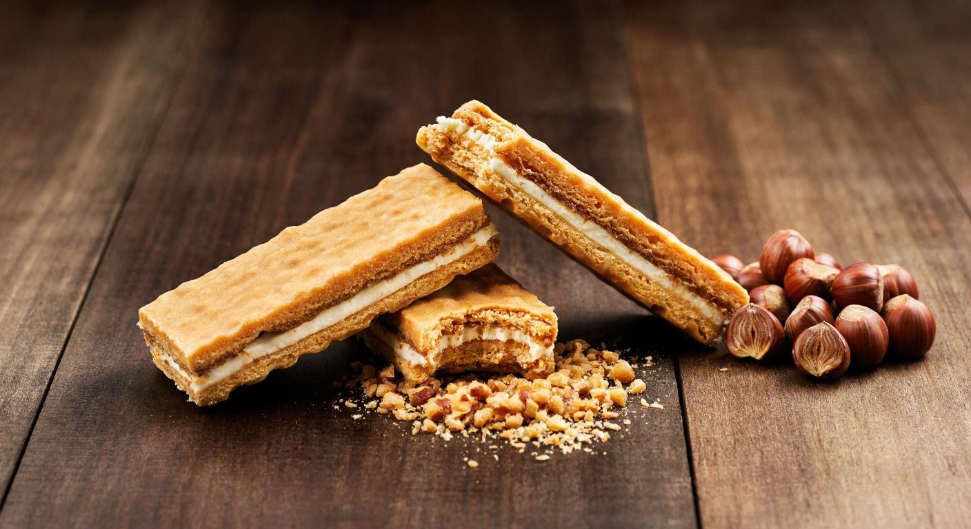 A golden-brown Çokonat wafer bar split open on a wooden table, revealing a generous layer of crushed hazelnuts spilling out, with a small pile of whole hazelnuts beside it, evoking a rich, nutty aroma.