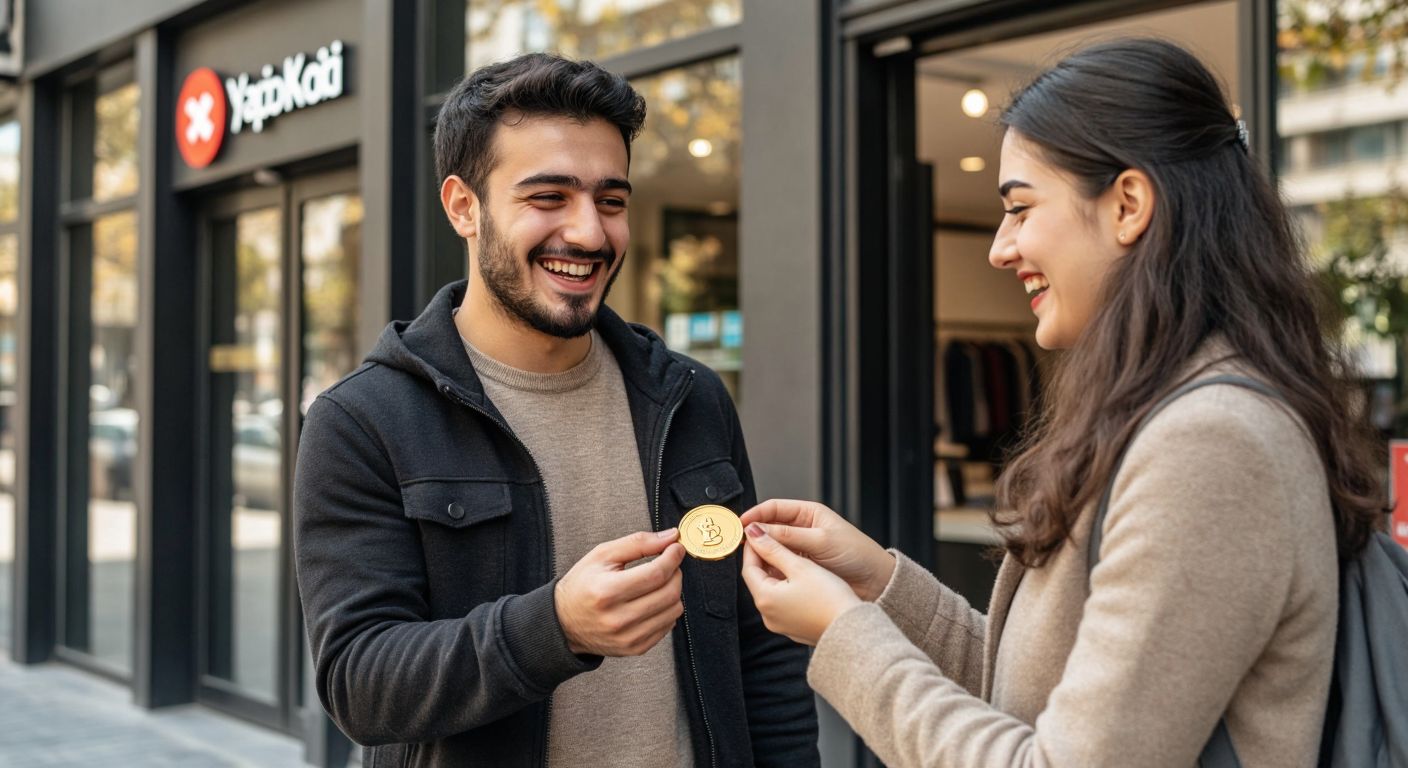 A smiling Turkish person in casual attire hands a small golden token labeled "Yapı Kredi" to a friend outside a modern bank branch, with both appearing excited and engaged.