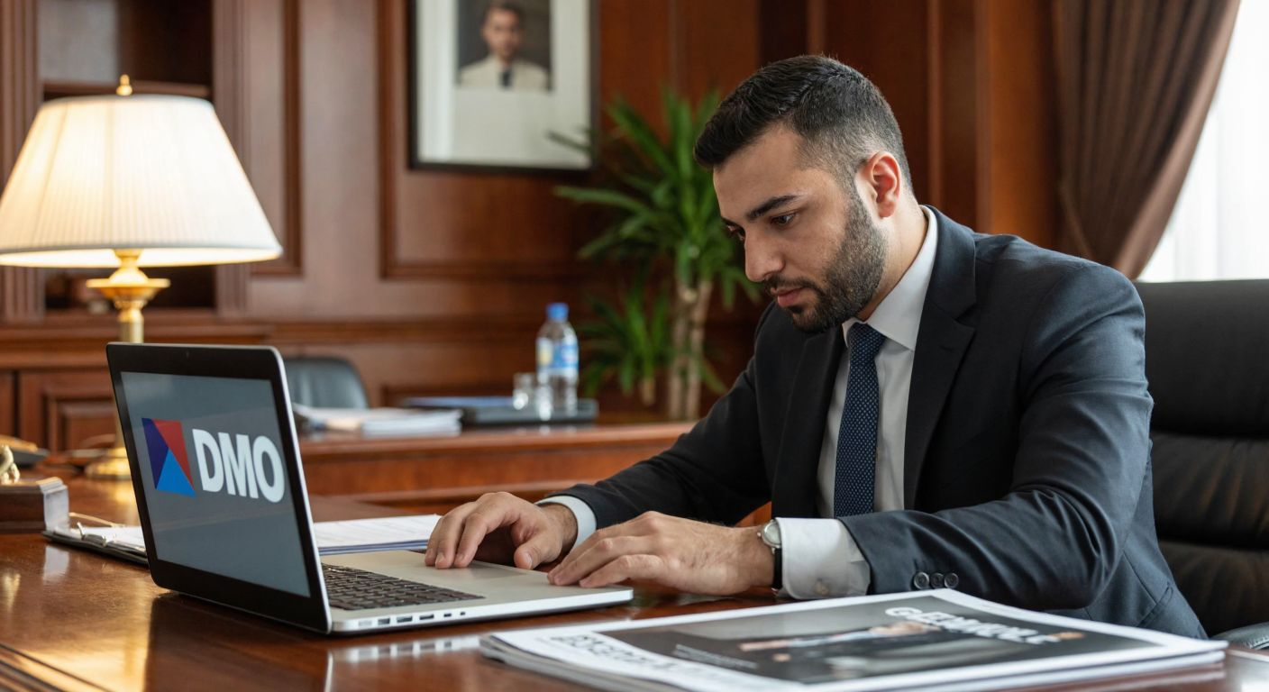 A focused Turkish businessperson in a formal office setting reviews documents on a desk with a laptop displaying the DMO logo, while a printed copy of the Official Gazette lies nearby.