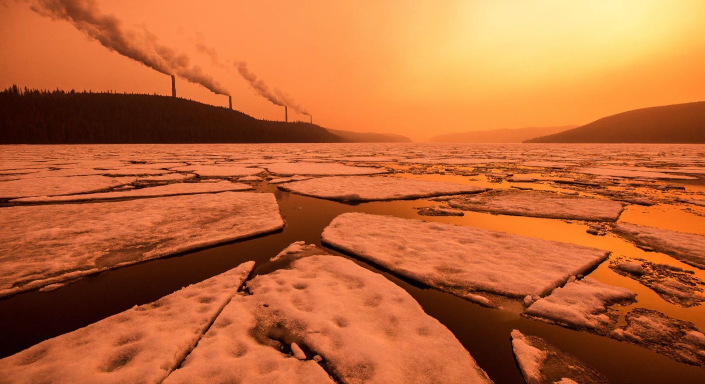 A vast, cracked glacier under a hazy orange sky, with smokestacks and deforested land in the distant background, reflecting the impact of human activity on melting ice.