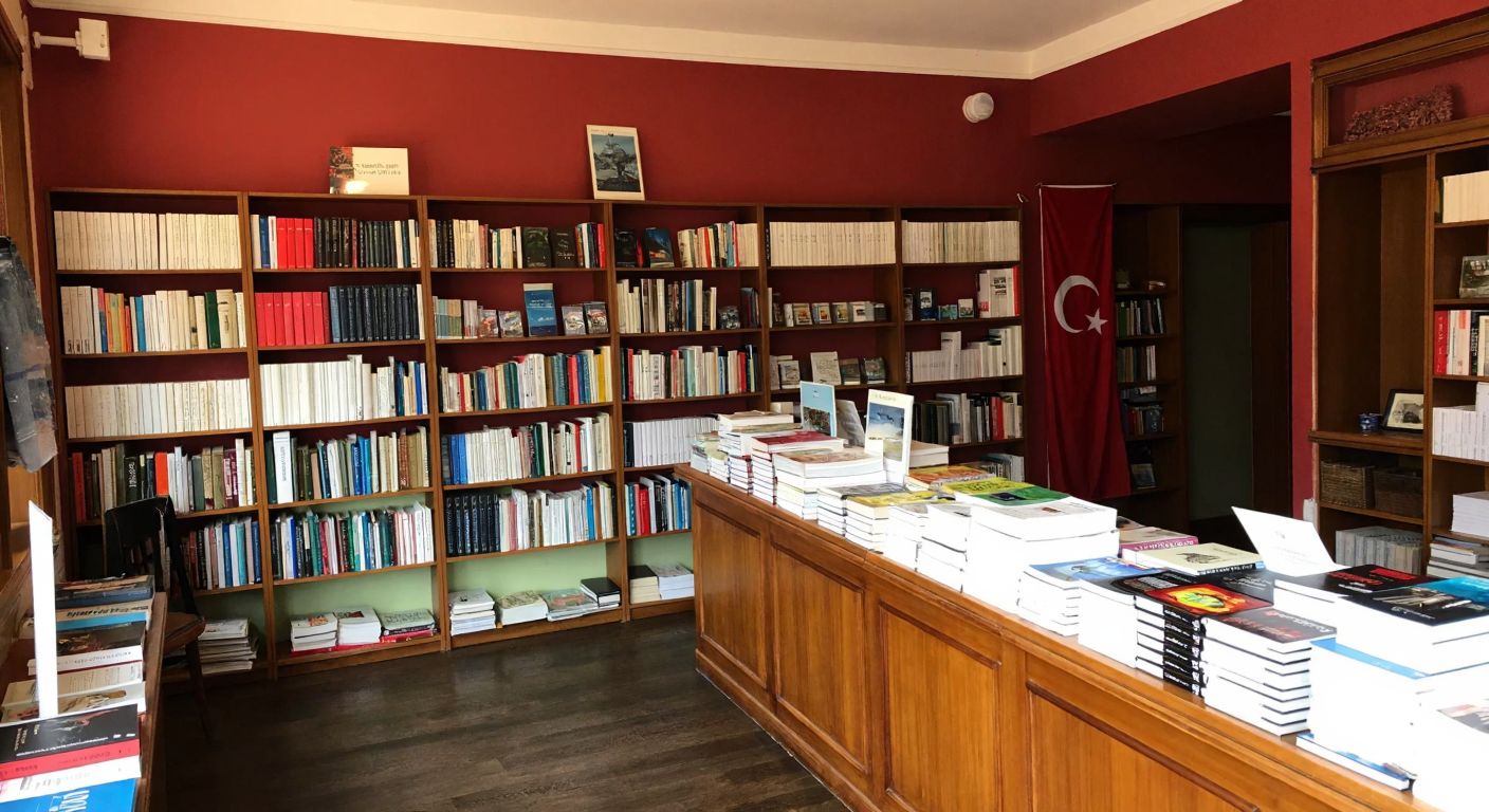 A cozy bookstore in Çanakkale with shelves filled with academic books, a warm wooden counter, and a Turkish flag subtly visible in the background.