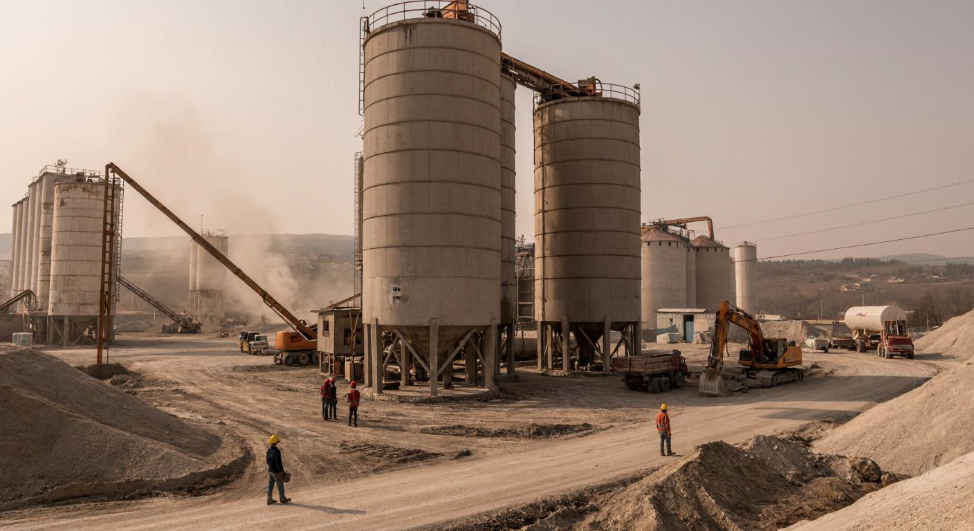 A rugged industrial landscape in Yozgat, with towering cement silos, a bustling concrete factory, and workers in hard hats overseeing production under a dusty sky.
