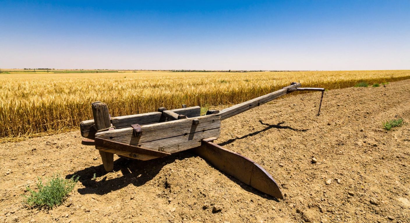 A weathered wooden plow with an iron blade rests on sun-baked Mesopotamian soil, surrounded by golden wheat fields under a vast blue sky, evoking ancient agricultural roots.