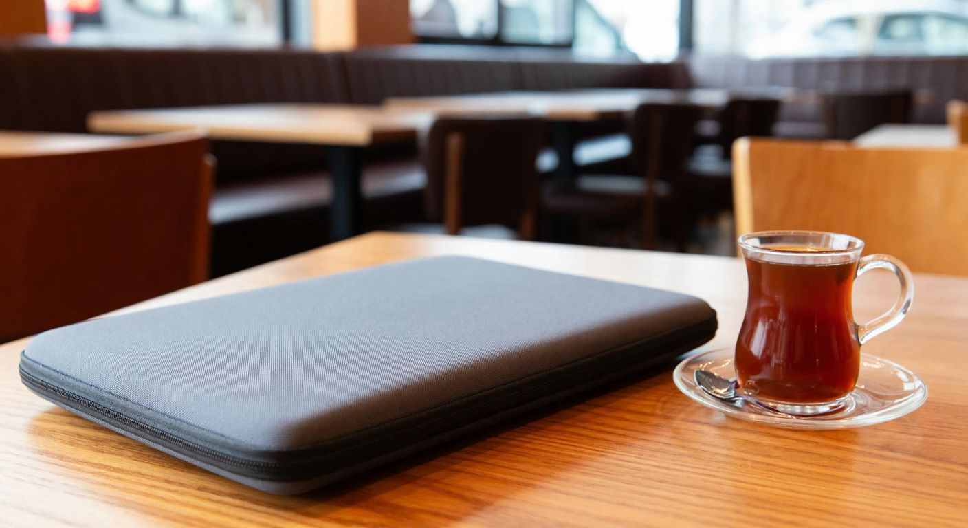 A sleek, modern laptop sleeve made of durable fabric sits on a wooden table in a cozy Turkish café, with a steaming cup of Turkish coffee beside it, symbolizing quality and thoughtful consideration.