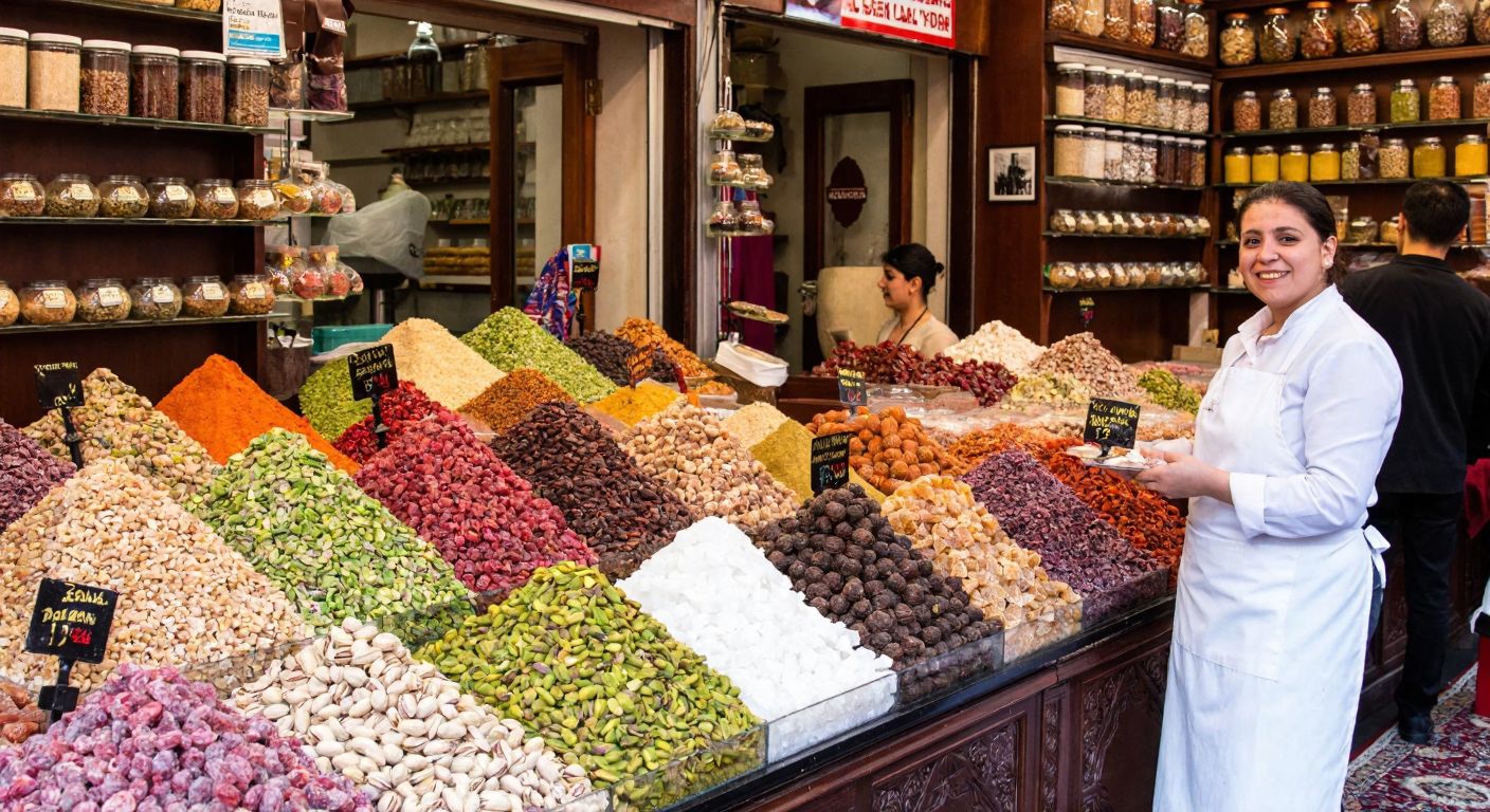 A bustling Turkish dried nuts and sweets shop in Cebeci, with colorful displays of pistachios, lokum, and spices, and a cheerful shopkeeper in a white apron serving customers.
