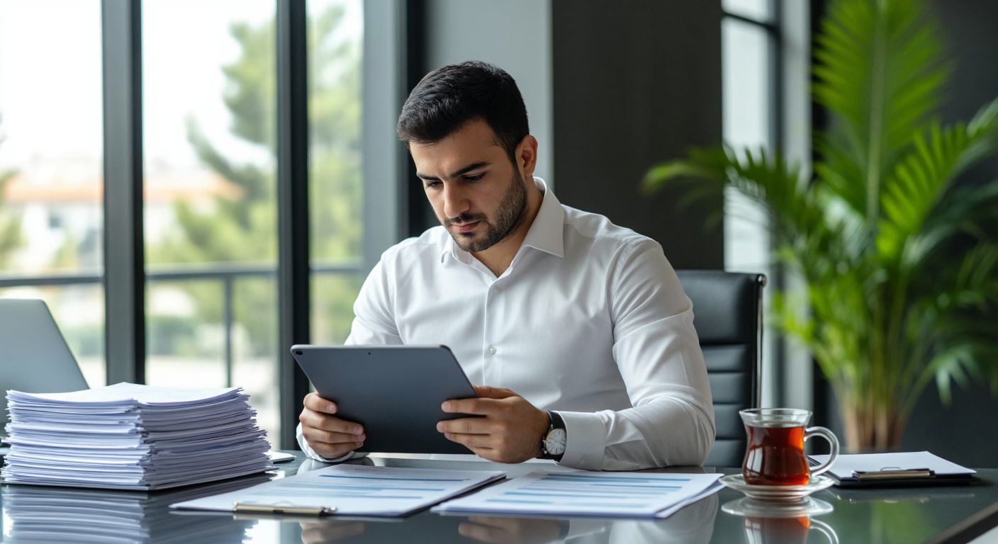 A Turkish office worker in a crisp white shirt reviews a digital payroll report on a tablet while seated at a modern desk, surrounded by neatly stacked paperwork and a steaming cup of Turkish tea.