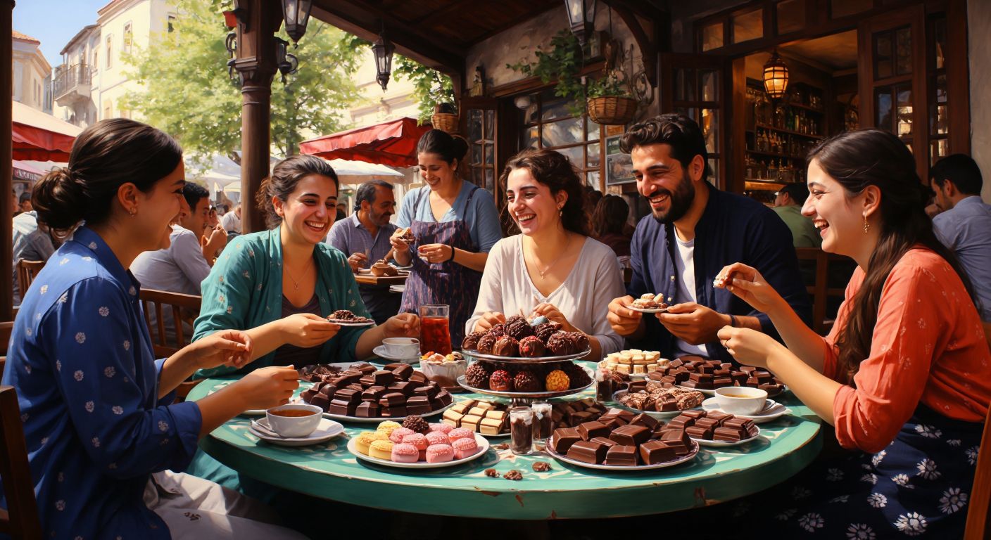 A colorful table in a Turkish café filled with assorted chocolates, melting in the summer heat, surrounded by smiling people of diverse ages sharing bites with delight.