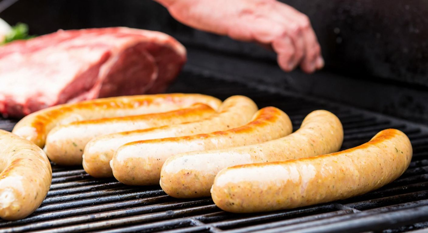 A close-up of plump, golden-brown Frankfurter sausages sizzling on a grill, with a butcher's hand in the background holding a piece of pork and beef side by side.