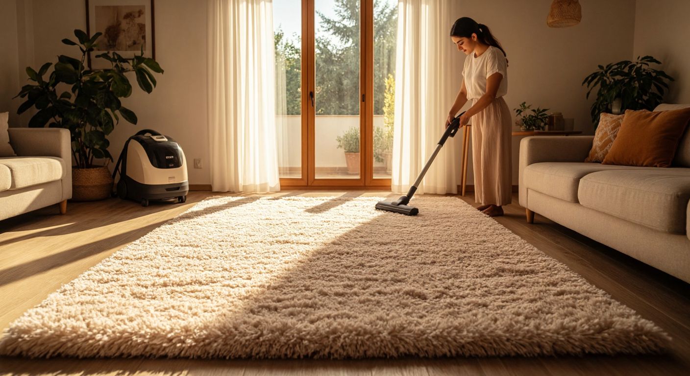 A soft, plush carpet with thick, fluffy fibers lies in a cozy Turkish living room, bathed in warm sunlight, while a woman gently vacuums it with care.