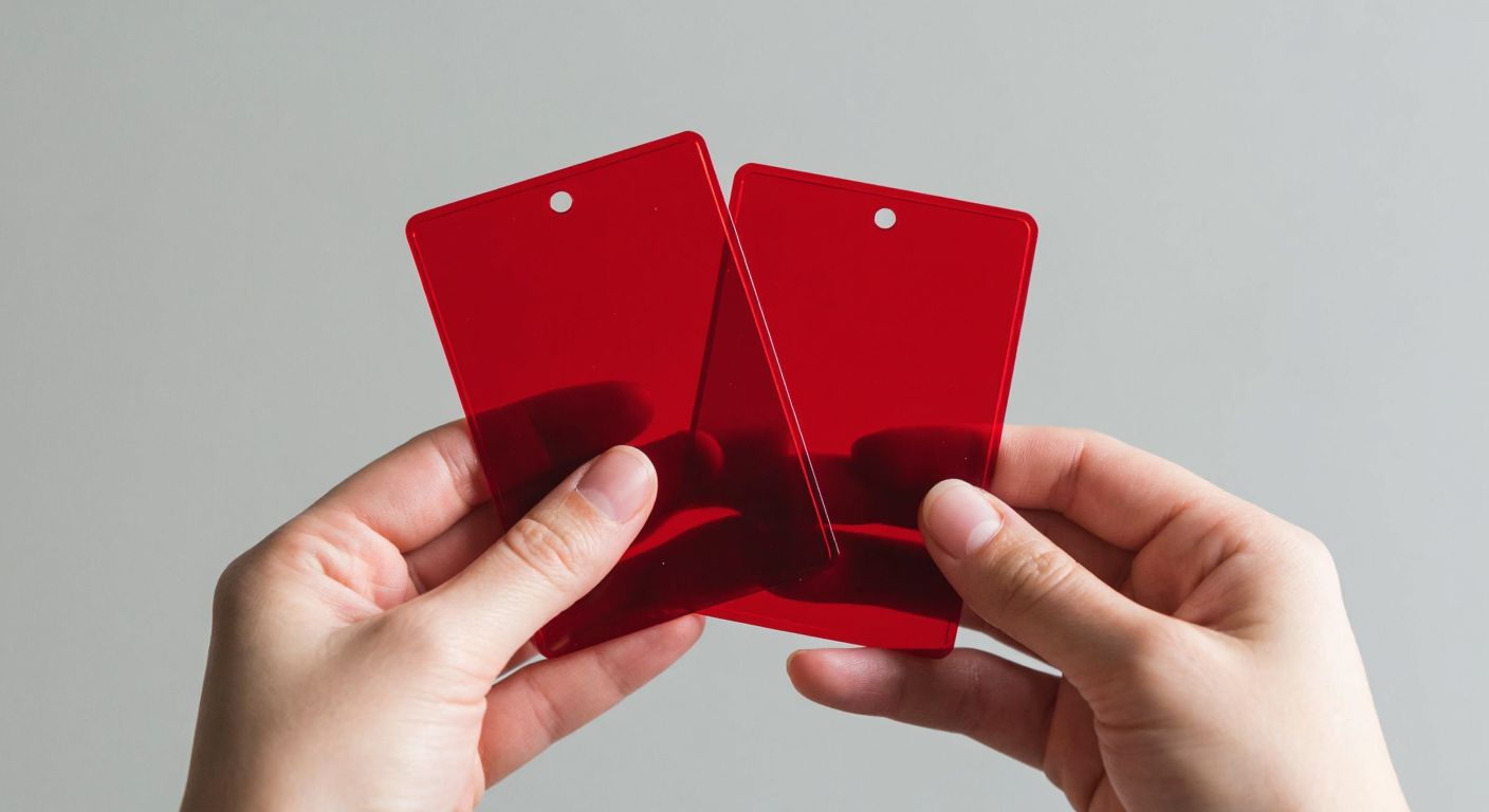 A hand holds up two plastic card protectors—one crystal clear, the other vibrant red—against a neutral background, emphasizing their transparency and color contrast.