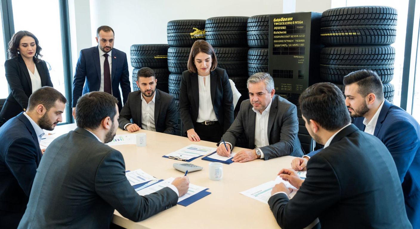 A diverse group of Turkish investors in business attire gathered around a large table covered with financial documents, intently discussing while a stack of Goodyear tires sits prominently in the background.