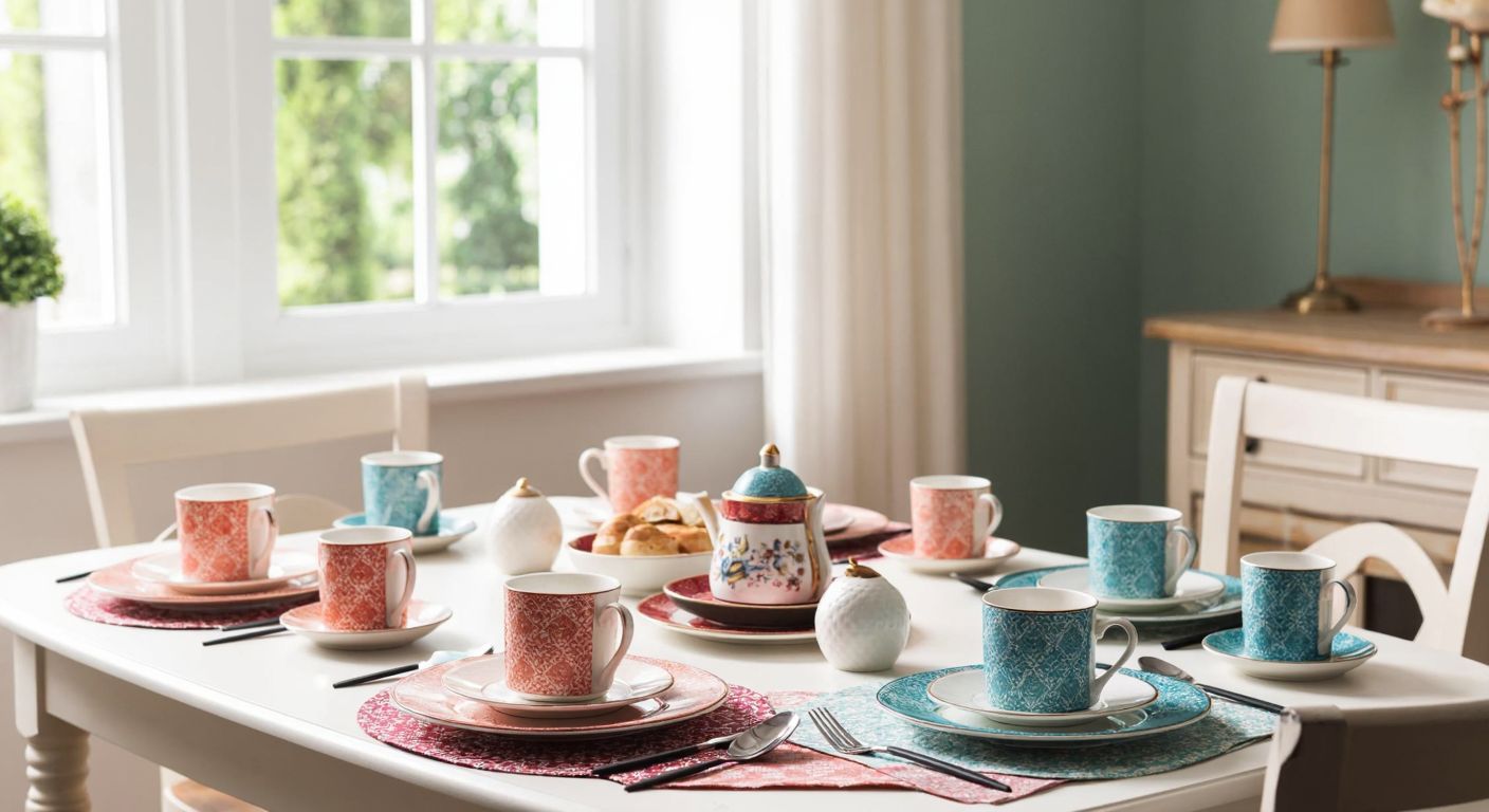 A neatly arranged Turkish breakfast table with a colorful English Home porcelain set, featuring plates, cups, and saucers in a warm, sunlit dining room.