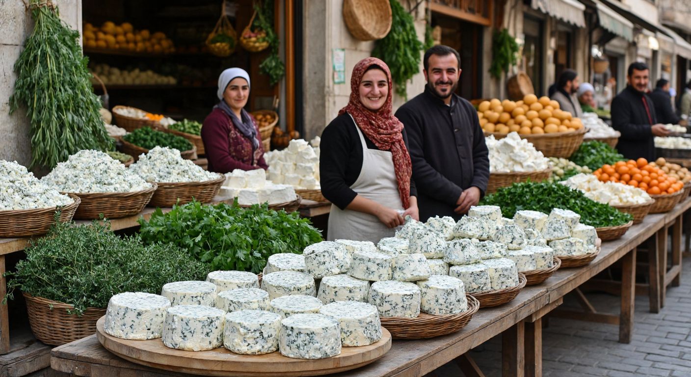 A bustling Turkish marketplace with vendors proudly displaying rounds of creamy Van otlu peynir (herbed cheese) on wooden tables, surrounded by baskets of fresh herbs and smiling locals in traditional attire.