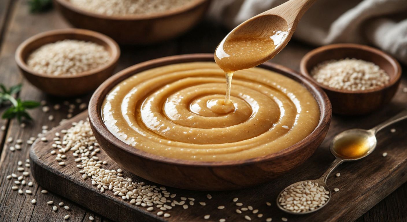 A warm, golden-brown swirl of tahini drizzled over a rustic wooden spoon, surrounded by sesame seeds and a small bowl of honey, evoking health and natural goodness in a cozy Turkish kitchen.
