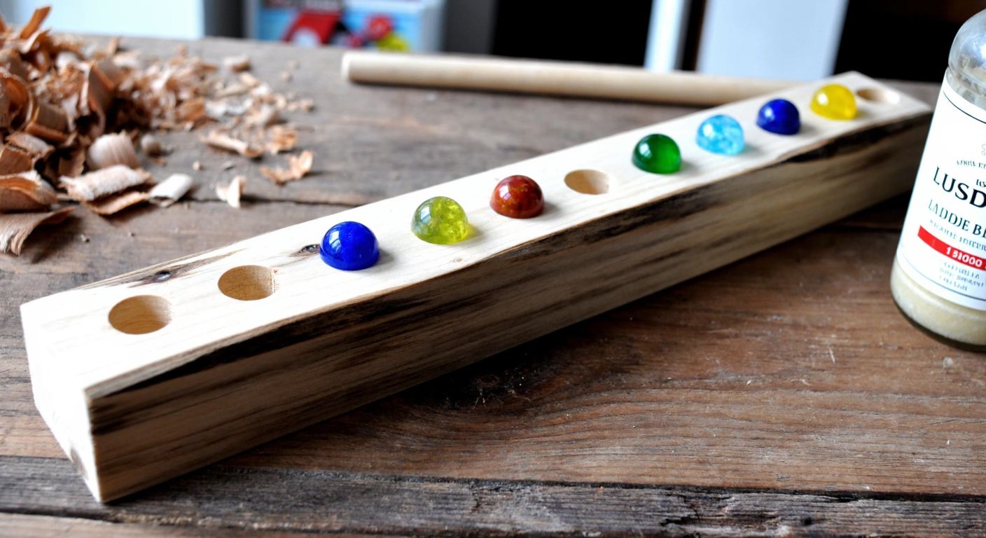 A weathered wooden board with smooth, sanded edges and small circular holes drilled into it, each holding a colorful glass marble, resting on a rustic workbench with scattered wood shavings and a bottle of linseed oil nearby.