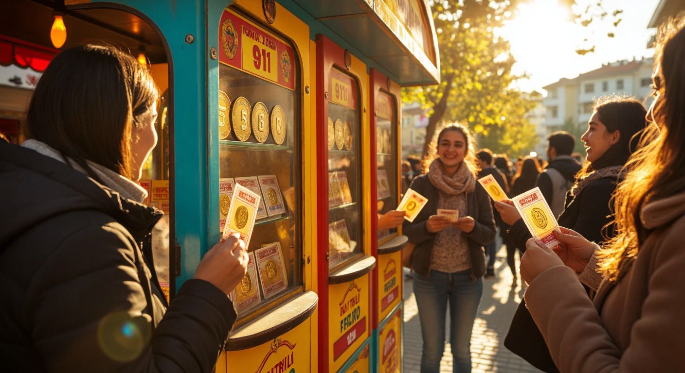 A colorful lottery ticket booth in Turkey with five distinct sections, each marked by a different-sized golden coin (full, half, quarter, and two smaller ones), surrounded by excited people clutching tickets under warm sunlight.
