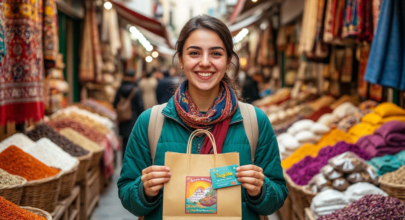 A cheerful Turkish shopper holding a vibrant shopping bag with a small, colorful coupon tucked between their fingers, standing in a bustling bazaar filled with textiles and spices.