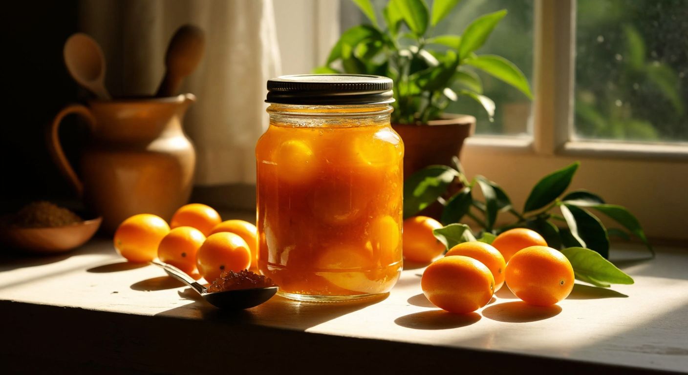 A glass jar filled with golden kumquat jam sits on a sunlit kitchen counter in Turkey, surrounded by fresh kumquats and a wooden spoon, evoking patience and homemade warmth.